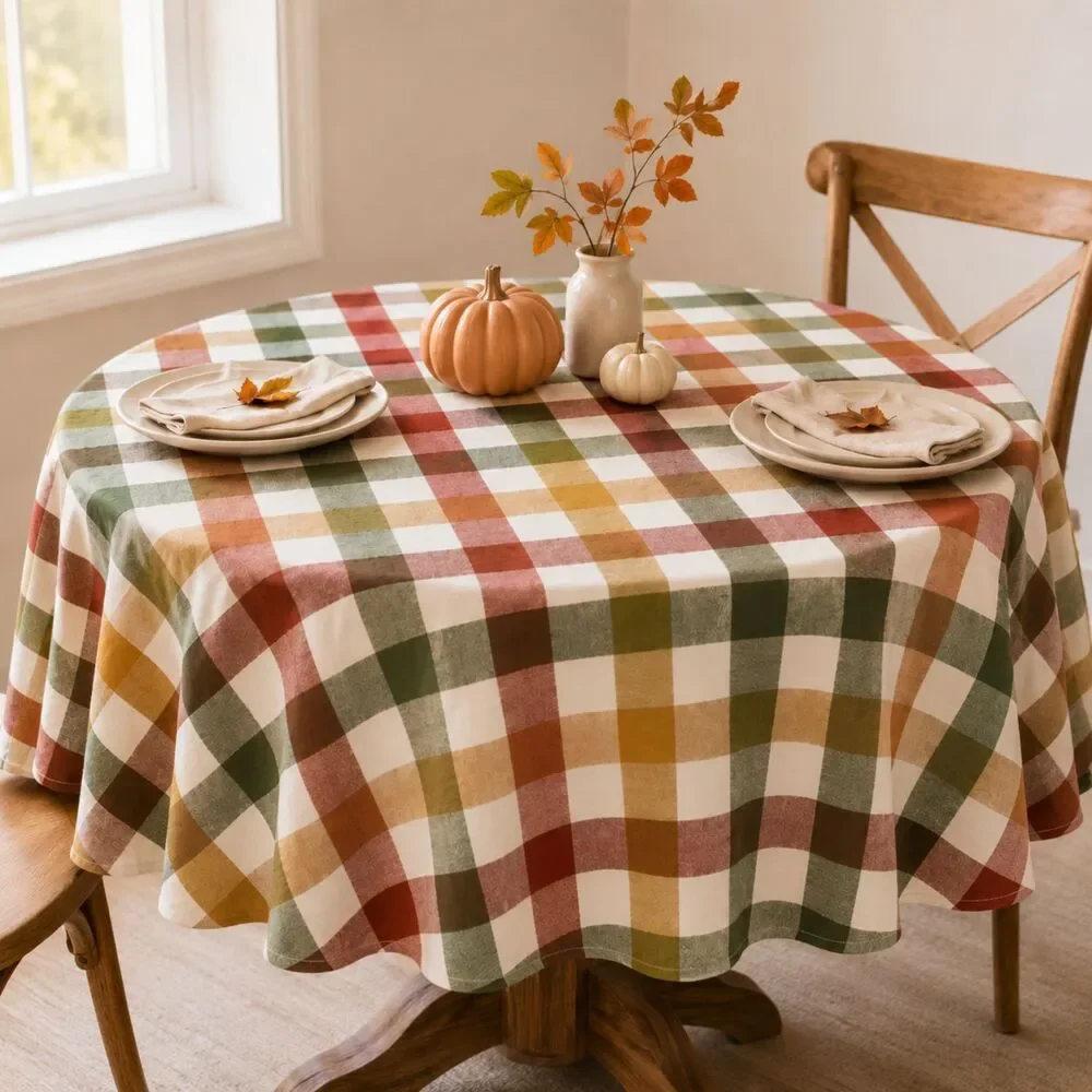 Fall Autumn Plaid Circle Table Cloth • Thanksgiving & Holidays